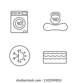 Orthopedic mattress linear icons set. Machine washable, dual season, memory foam mattress, weight limit up to 140 kg. Thin line contour symbols. Isolated vector outline illustrations. Editable stroke