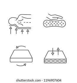 Orthopedic mattress linear icons set. Back support, latex material, dual season mattress, breathable cover. Thin line contour symbols. Isolated vector outline illustrations. Editable stroke
