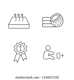 Orthopedic mattress linear icons set. Breathable material, allowed for newborn, coconut fiber mattress, award medal. Thin line contour symbols. Isolated vector outline illustrations. Editable stroke