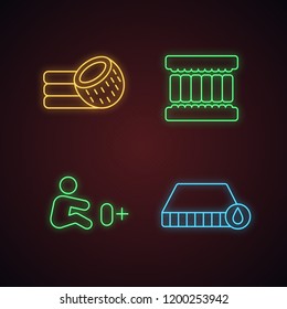 Orthopedic mattress neon light icons set. Coconut fiber, waterproof material, allowed for newborn, mattress layers. Glowing signs. Vector isolated illustrations