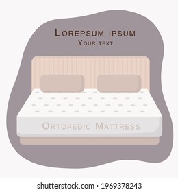 Orthopedic mattress on a bed frame. High quality modern spring latex, soft foam bed for a comfortable sleep. Vector illustration. Logo or advertising layout with place for your text
