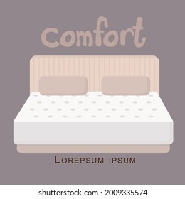 Orthopedic mattress on the bed. High quality modern spring latex, foam and soft bed for a comfortable sleep. Vector illustration. Logo or advertising layout with place for your text