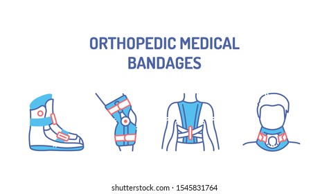 Orthopedic medical bangages color icons set. Rehabilitation and treatment after injuries, sprained. Elements: boot, posture corrector,  cervical neck collar, knee brace. 