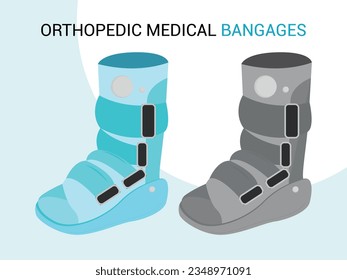 Orthopedic medical bangages color icons set. Rehabilitation and treatment after injuries, sprained. Medical boots. svg