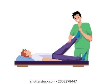 Orthopedic or osteopathic therapy session, flat vector illustration isolated on white background. Happy patient lying on table. Rehabilitation and healthcare. Physiotherapy treatment.