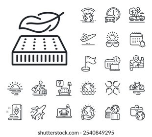Sinal ortopédico da almofada. Avião a jato, mapa de viagens e ícones dos contornos de reclamação de bagagem. Ícone de linha de colchão leve. Símbolo de cama de dormir respirável. Sinal de linha de colchão leve. Vetor