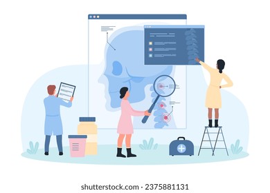 Orthopedic patients consultation due to neck pain vector illustration. Cartoon tiny people orthopedists with magnifying glass study cervical spine on medical anatomy chart, digital spinal xray scan