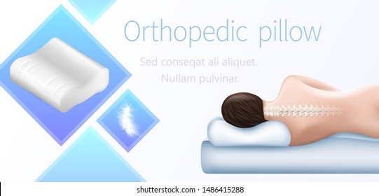 Orthopedic Pillow Horizontal Banner Correct Sleeping Position. Right Posture Cervical Vertebrae on Hypoallergenic Orthopedic Cushion with Memory Foam, Neck Health Care Realistic 3d Vector Illustration