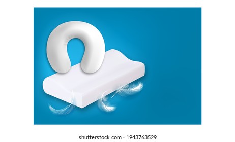 Orthopedic Pillows Advertise Banner Flyer Vector. Pillows For Neck And Comfortable Travel And Feathers. Automobile Or Airplane Traveling. Cervical Accessory For Healthy Sleep Template Illustration