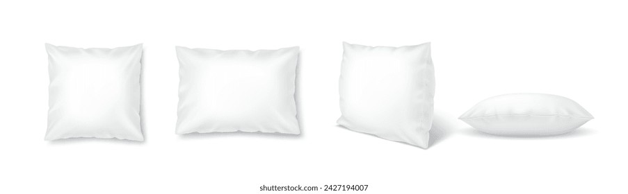 Orthopedic pillows in pillowcases realistic vector illustration set. Cushions for sofa with mockup 3d models on white background. Bedroom interior