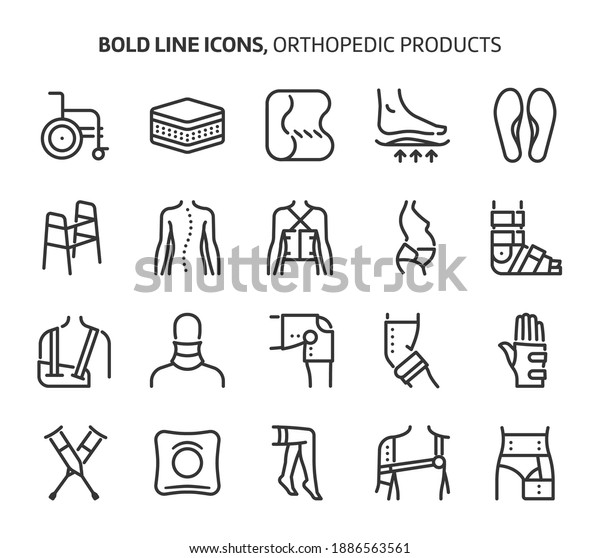 Orthopedic products, bold line icons. The\
illustrations are a vector, editable stroke, 48x48 pixel perfect\
files. Crafted with precision and eye for\
quality.