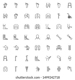 Orthopedic rehabilitation line icons set. linear style symbols collection outline signs pack. vector graphics. Set includes icons as orthopedic surgery, wrist brace, spine treatment posture correction