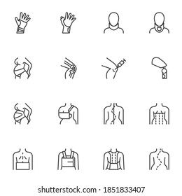 Orthopedic rehabilitation line icons set, outline vector symbol collection, linear style pictogram pack. Signs logo illustration. Set includes icons as spine correction, prosthesis leg, knee injection