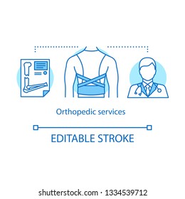 Orthopedic services concept icon. Clinical examination idea thin line illustration. Injury, trauma treatment, fracture. Orthopedist. Medical corset. Vector isolated outline drawing. Editable stroke