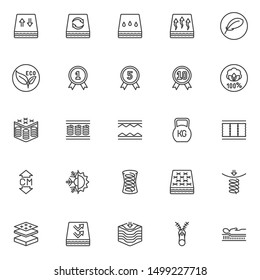 Orthopedic sleep line icons set. linear style symbols collection outline signs pack. vector graphics. Set includes icons as orthopedic mattress layers, breathable, spring, zipper, warranty certificate