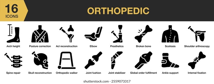 Orthopedic solid icon set. Includes medical, pain, orthopedic, disease, anatomy, and More. Solid icons vector collection.