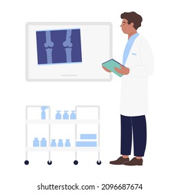 Especialista en análisis ortopédico de huesos rayos x. Diagnóstico de la traumatología y prescripción de tratamiento médico caricatura de ilustración vectorial