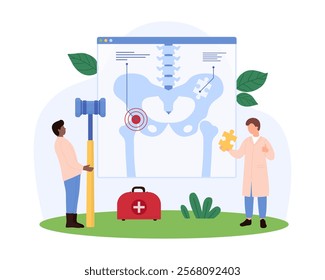 Orthopedic specialists analyze hip joint x-ray, using a large puzzle piece and mallet. First aid kit and anatomical chart, focusing on medical diagnosis and treatment vector illustration