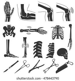 Orthopedic and spine vector black symbols. human bones icons. Hand and leg, skull and joint knee illustration