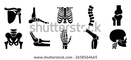 Orthopedic and spine vector icons. Human bone of illustration and anatomy skeleton bone, Medical organs line icon set. Anatomical vector pictograms of bones, body parts, in transparent background.