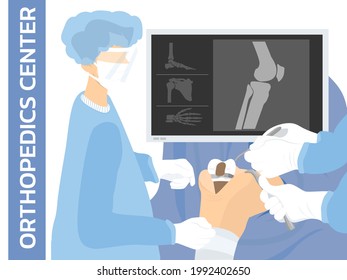 orthopedic surgeons doing total knee replacement with sterile zone in operating room.  Operation vector