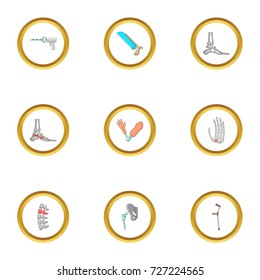 Orthopedic surgery icons set. Cartoon style set of 9 orthopedic surgery vector icons for web design