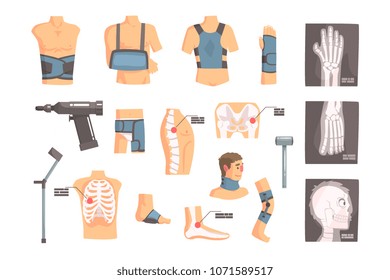 Orthopedic Surgery And Orthopaedics Attributes And Tools Set Of Cartoon Icons With Bandages, X-rays And Other Medical Objects.