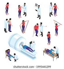Orthopedic therapy isometric set of doctors examining people with trauma isolated vector illustration