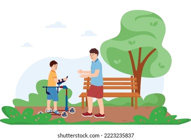 Orthopedic therapy rehabilitation flat background with park lane scenery and boy with walking aid and father vector illustration