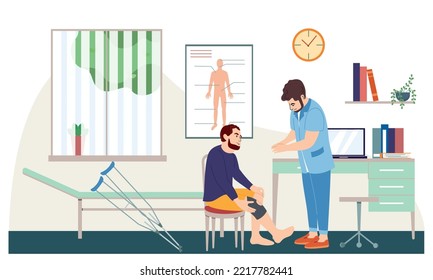 Orthopedic therapy rehabilitation flat composition with indoor view of doctors office interior with man damaged legs vector illustration