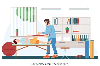 Orthopedic therapy rehabilitation flat composition with view of doctors office with medical specialist rubbing boys leg vector illustration