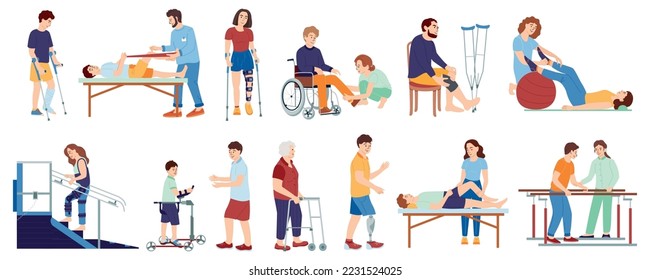 Orthopedic therapy rehabilitation set with flat isolated icons of aids patients and medical specialists doodle characters vector illustration