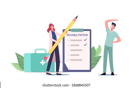 Orthopedic Therapy Rehabilitation. Therapist Doctor Character Working With Disabled Patient, Rehabilitating Physical Activity, Exercises, Physiotherapy Procedures. Cartoon People Vector Illustration