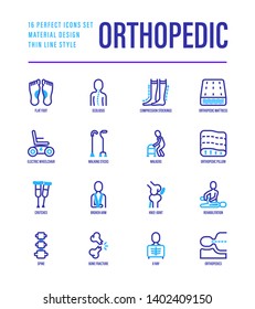 Orthopedic thin line icons set. Flat foot, scoliosis, compression stockings, mattress, pillow, electric wheelchair, walking stick, bone fracture. Vector illustration.