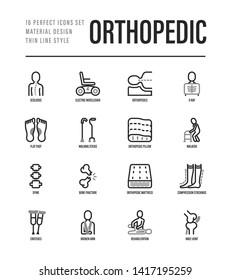 Orthopedic thin line icons set. Flat foot, scoliosis, compression stockings, mattress, pillow, electric wheelchair, walking stick, bone fracture. Vector illustration.