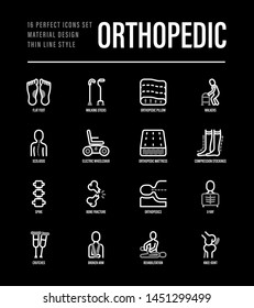 Orthopädische dünne Linien-Symbole gesetzt. Flachfuß, Skoliose, Kompressionsstrümpfe, Matratze, Kissen, Elektrorollstuhl, Gehstock, Knochenbruch. Vektorillustration-Illustration für schwarzes Thema.