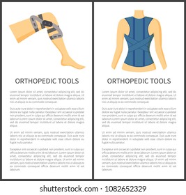 Orthopedic tools banners collection, headline and text sample, bandage spine knee object designed for supporting, posters set vector illustration