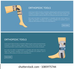 Orthopedic tools fixators set colorful poster vector illustration isolated on blue human leg in medical retainers for effective treatment, text sample