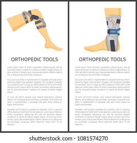 Orthopedic tools items set for knee and foot support, banners with text sample titles, construction to adjust human body parts vector illustration