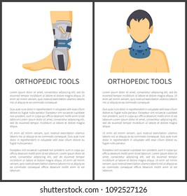 Orthopedic tools for neck and foot support, posters set headline with text sample, bandages object leg protection, collection vector illustration