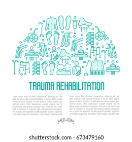 Orthopedic and trauma rehabilitation concept with thin line icons for web page or banner of clinics and medical centers. Vector illustration.
