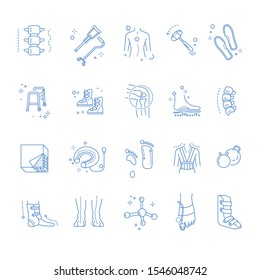 Orthopedic and trauma rehabilitation, isolated linear icons vector. Spine and crutches, scoliosis and medical hammer, orthopedical insoles and walker. Boots and knee joint, sole fixation and mattress