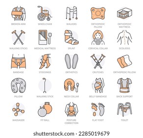 Orthopedic, trauma rehabilitation line icons. Crutches, mattress, pillow, cervical collar, walkers and other medical rehab goods. Health care thin linear signs. Orange color. Editable Stroke svg