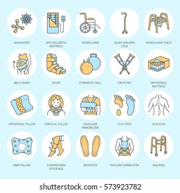 Orthopedic, trauma rehabilitation line icons. Crutches, orthopedics mattress pillow, cervical collar, walkers and other medical rehab goods. Health care thin linear signs for clinic and hospital