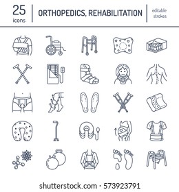 Orthopedic, trauma rehabilitation line icons. Crutches, orthopedics mattress pillow, cervical collar, walkers and other medical rehab goods. Health care thin linear signs for clinic and hospital svg