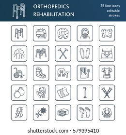Orthopedic, trauma rehabilitation line icons. Crutches, orthopedics mattress pillow, cervical collar, walkers and other medical rehab goods. Health care thin linear signs for clinic and hospital. svg