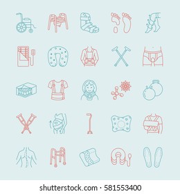 Orthopedic, trauma rehabilitation line icons. Crutches, orthopedics mattress pillow, cervical collar, walkers and other medical rehab goods. Health care thin linear signs for clinic and hospital.