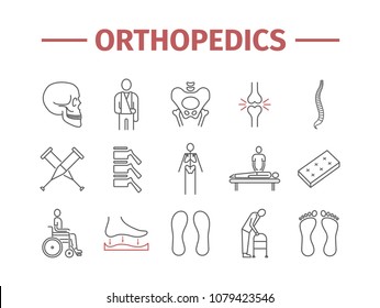 Orthopedic and trauma rehabilitation thin line icons. Vector illustration.