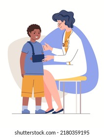 Orthopedic Traumatology. Doctor Puts Splint On Child's Broken Arm. Characters In Colored Flat Vector Illustration Isolated On White Background.