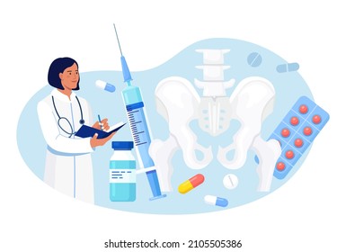 Orthopedic traumatology and trauma surgery. Vertebrologist examine human vertebra. Doctor engaged in lower spine, hip joint skeleton, pelvic injury inspection. Spine backbone disease diagnostics